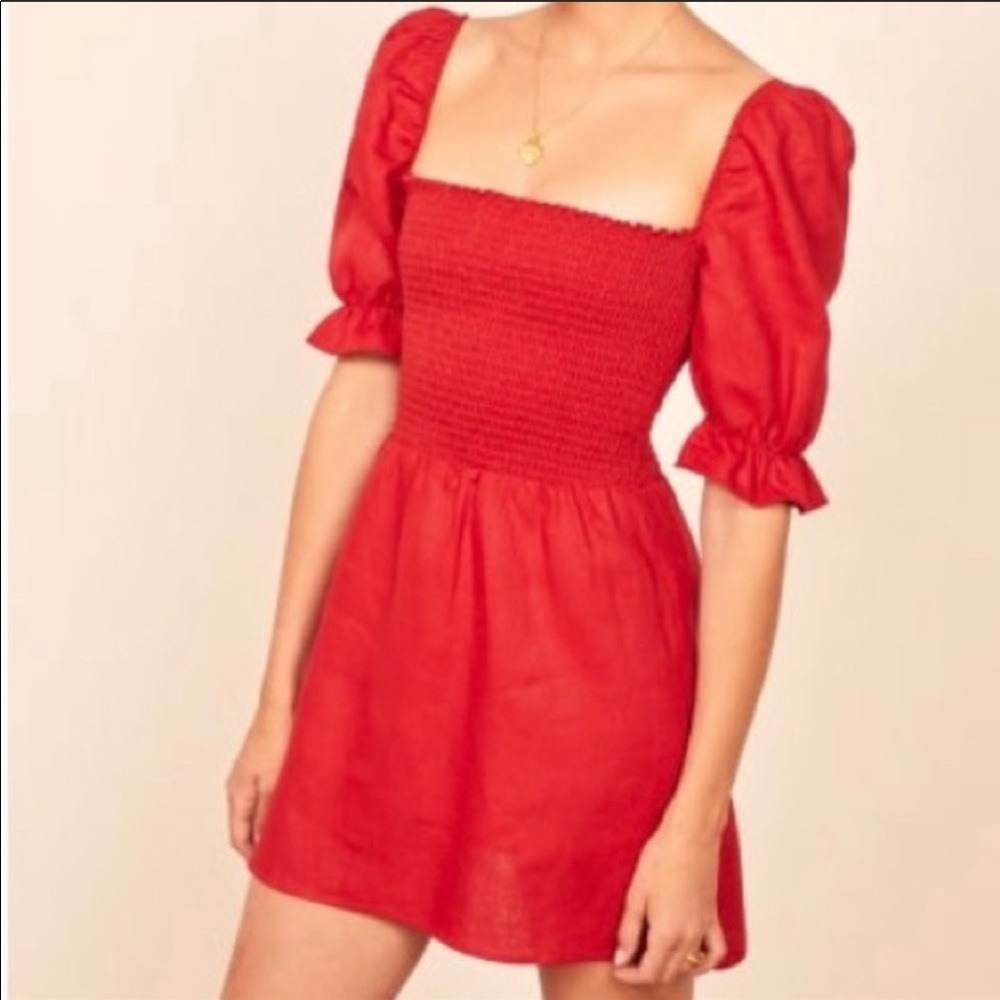 Reformation Red Linen Cerise Smocked Dress M NWOT